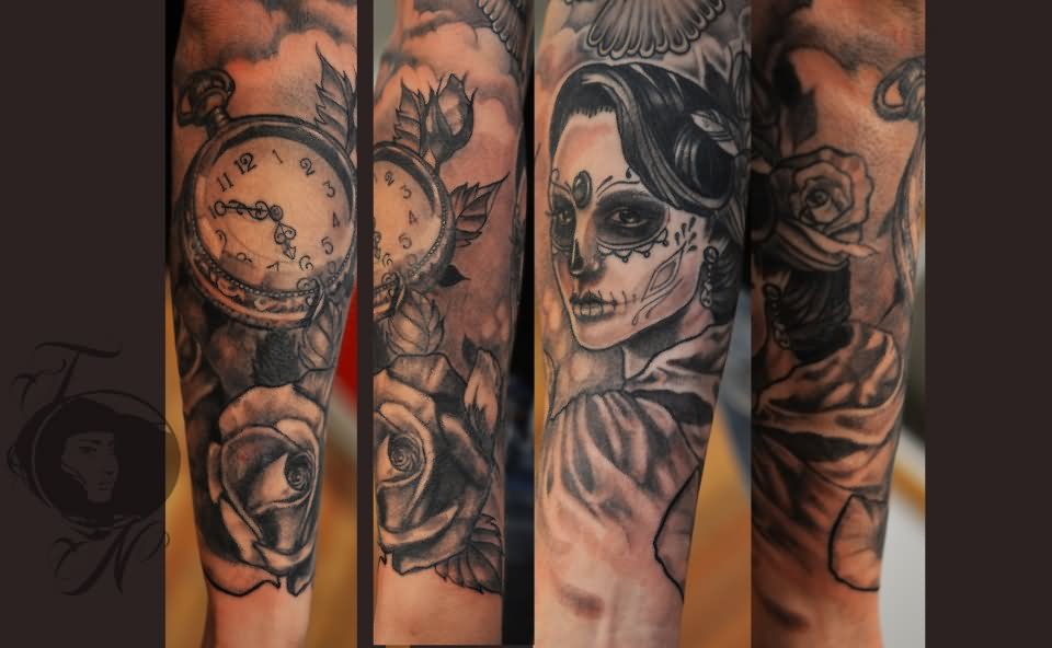 Dia De Los Muertos Girl Face With Pocket Watch And Rose Tattoo Design For Half Sleeve