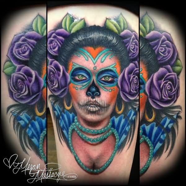 Dia De Los Muertos Girl Face With Purple Roses Tattoo Design