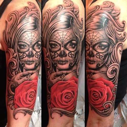 Dia De Los Muertos Girl Face With Red Rose Tattoo On Half Sleeve