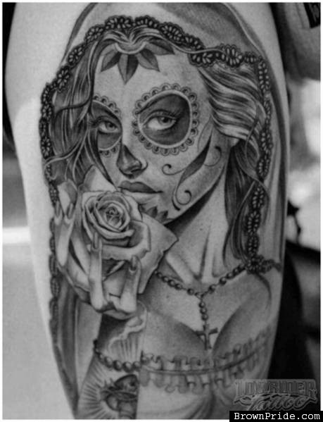 Dia De Los Muertos Girl Face With Rose Tattoo Design For Sleeve