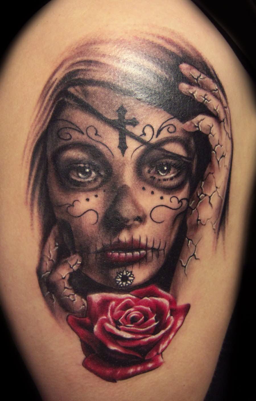 Dia De Los Muertos Girl Face With Rose Tattoo Design