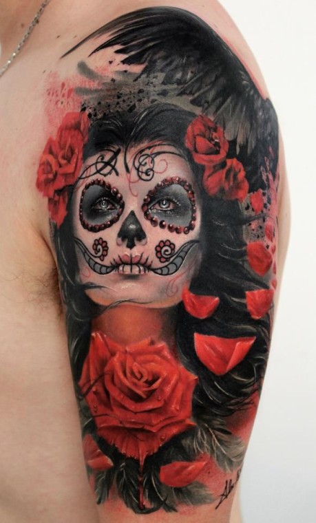 Dia De Los Muertos Girl Face With Roses Tattoo On Left Half Sleeve