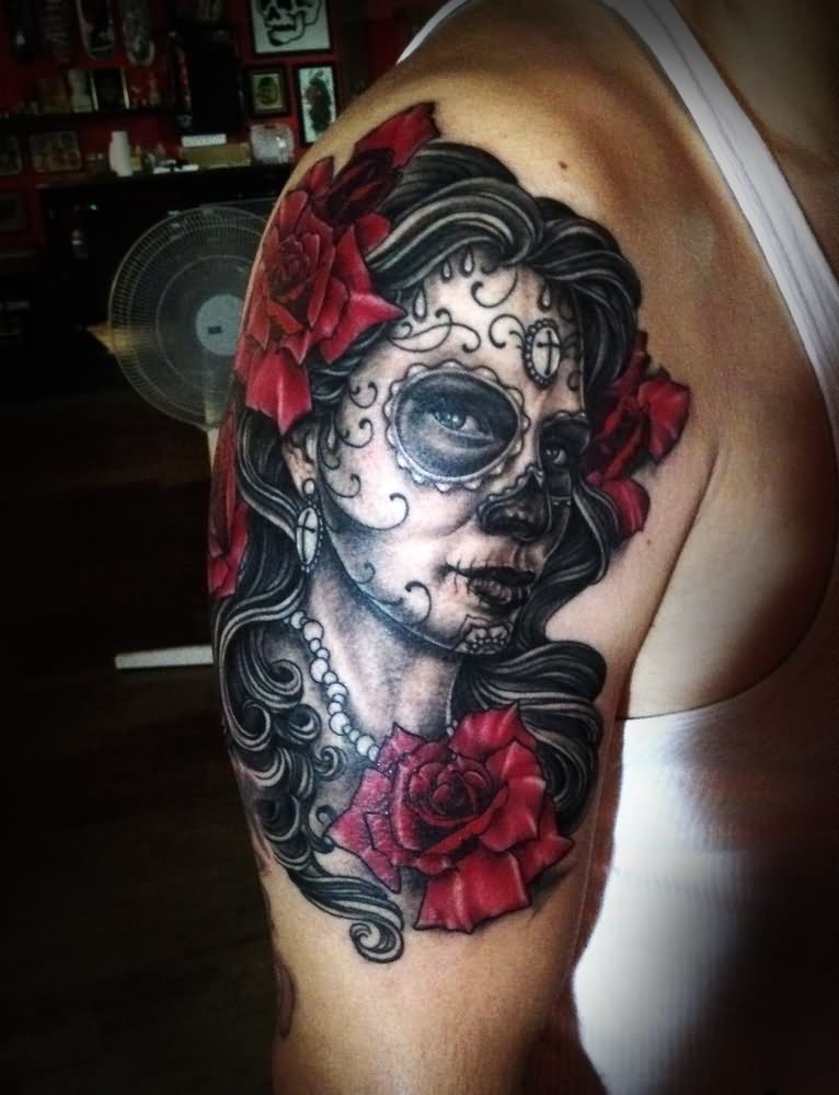 Dia De Los Muertos Girl Face With Roses Tattoo On Right Half Sleeve