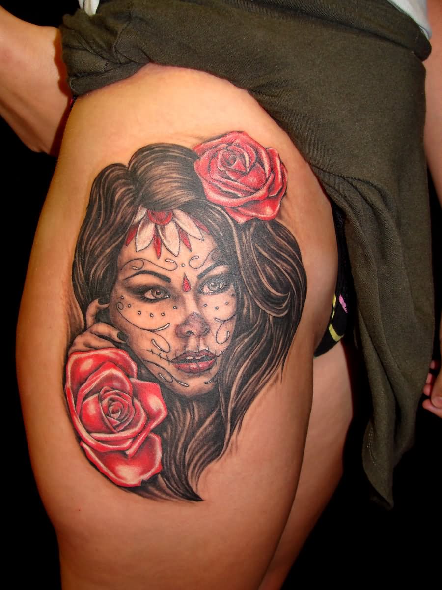 Dia De Los Muertos Girl Face With Roses Tattoo On Thigh