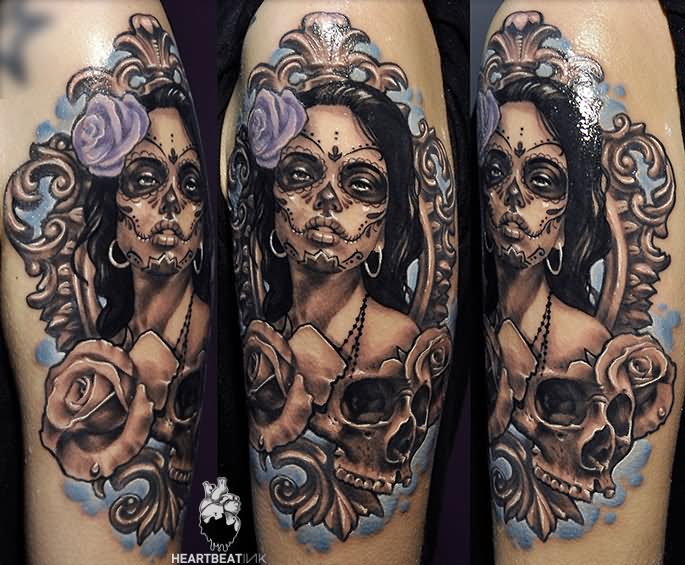 Dia De Los Muertos Girl Face With Skull And Rose Tattoo Design