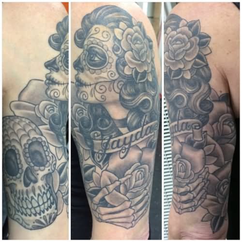 Dia De Los Muertos Girl Face With Skull Tattoo On Half Sleeve