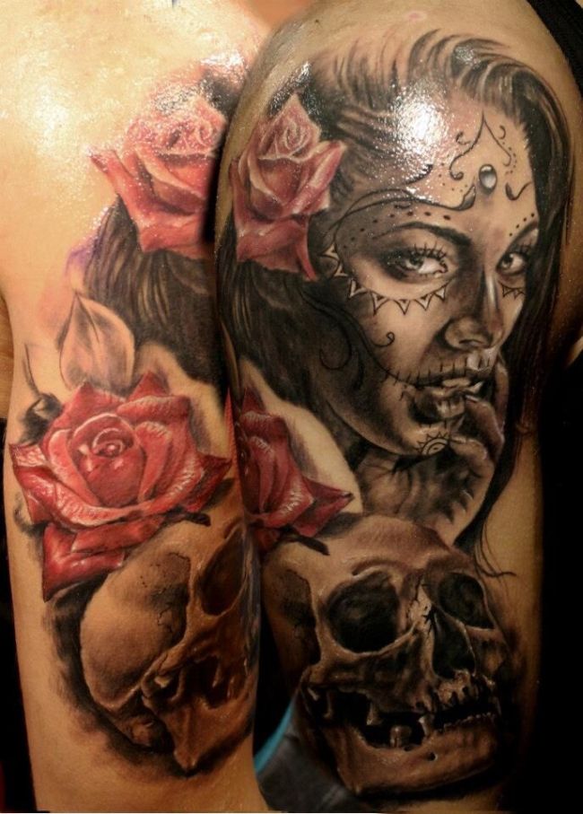 Dia De Los Muertos Girl Face With Skull Tattoo Design For Half Sleeve