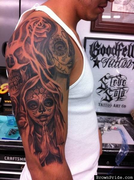 Dia De Los Muertos Girl Face With Skull Tattoo On Man Right Half Sleeve