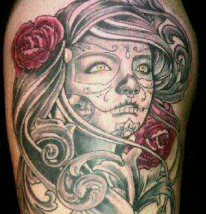 Dia De Los Muertos Girl Face With Two Roses Tattoo Design