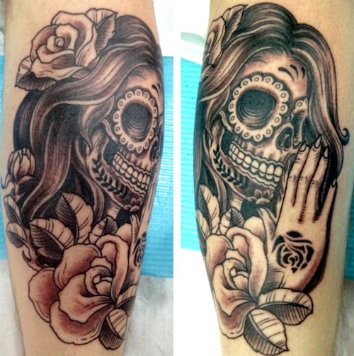 Dia De Los Muertos Girl Skull With Flower Tattoo Design For Leg