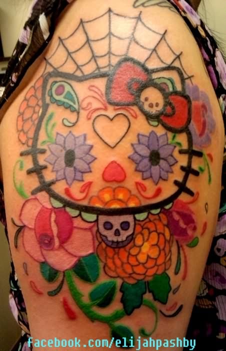 Dia De Los Muertos Hello Kitty With Flowers Tattoo Design