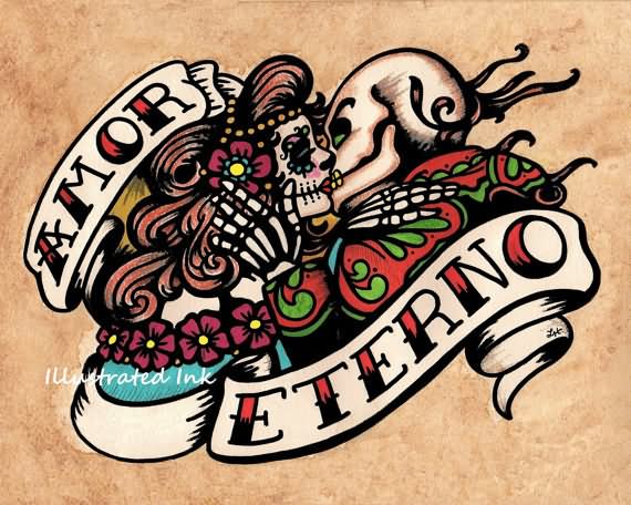 Dia De Los Muertos Kissing Couple With Banner Tattoo Design