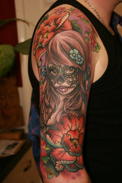 Dia De Los Muertos Pin Up Girl Face Flowers Tattoo On Right Half Sleeve