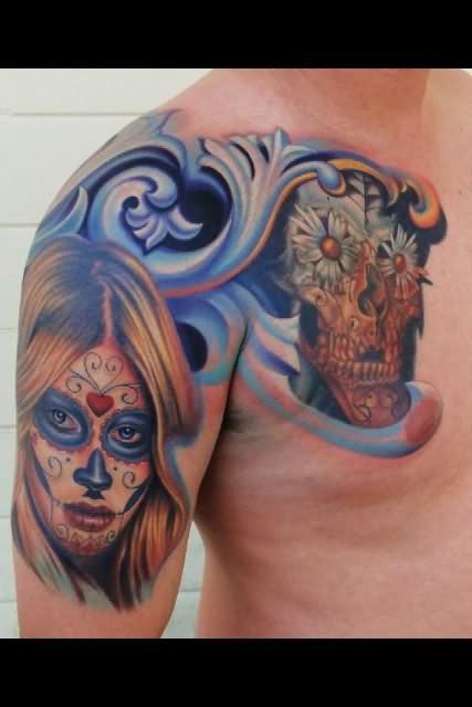 Dia De Los Muertos Pin Up Girl Face Tattoo On Man Right Half Sleeve