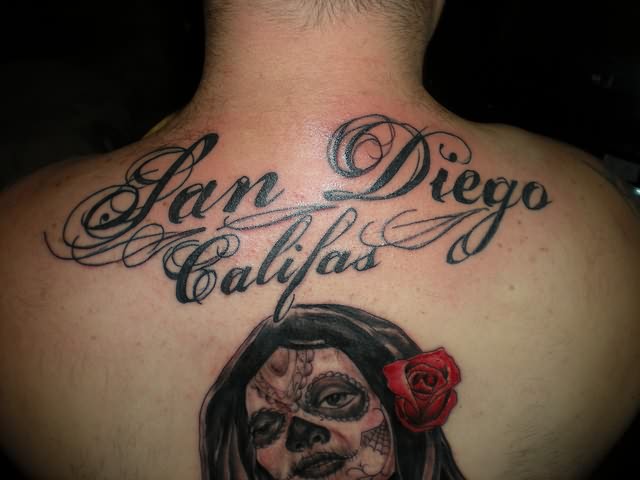 Dia De Los Muertos Pin Up Girl Face Tattoo On Upper Back