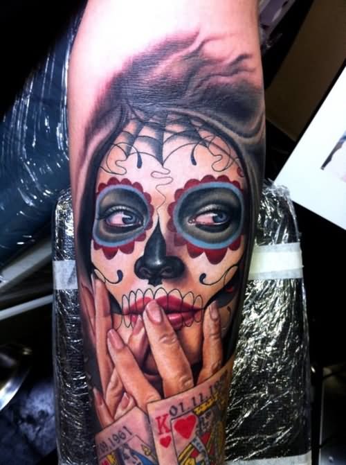 Dia De Los Muertos Pin Up Girl Face With Playing Cards Tattoo Design For Forearm