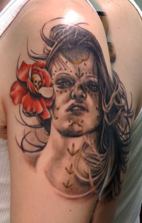 Dia De Los Muertos Pin Up Girl Face With Rose Tattoo On Shoulder