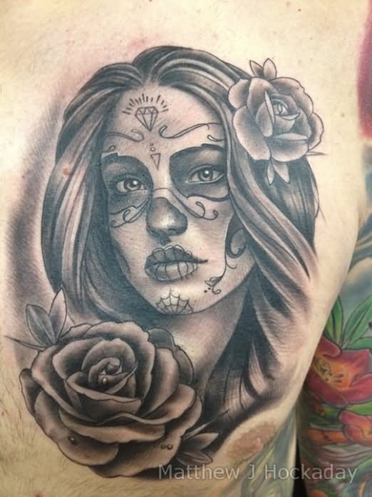 Dia De Los Muertos Pin Up Girl Face With Roses Tattoo On Man Chest