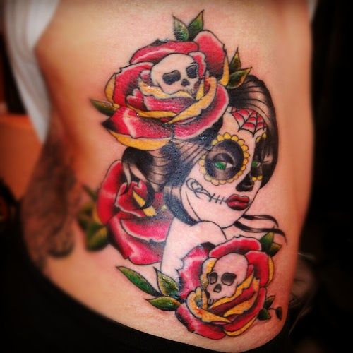 Dia De Los Muertos Pin Up Girl Face With Roses Tattoo On Side Rib