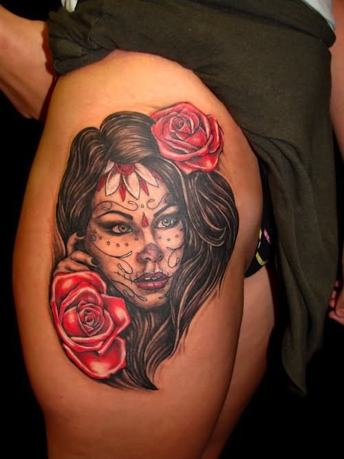 Dia De Los Muertos Pin Up Girl Face With Roses Tattoo On Thigh