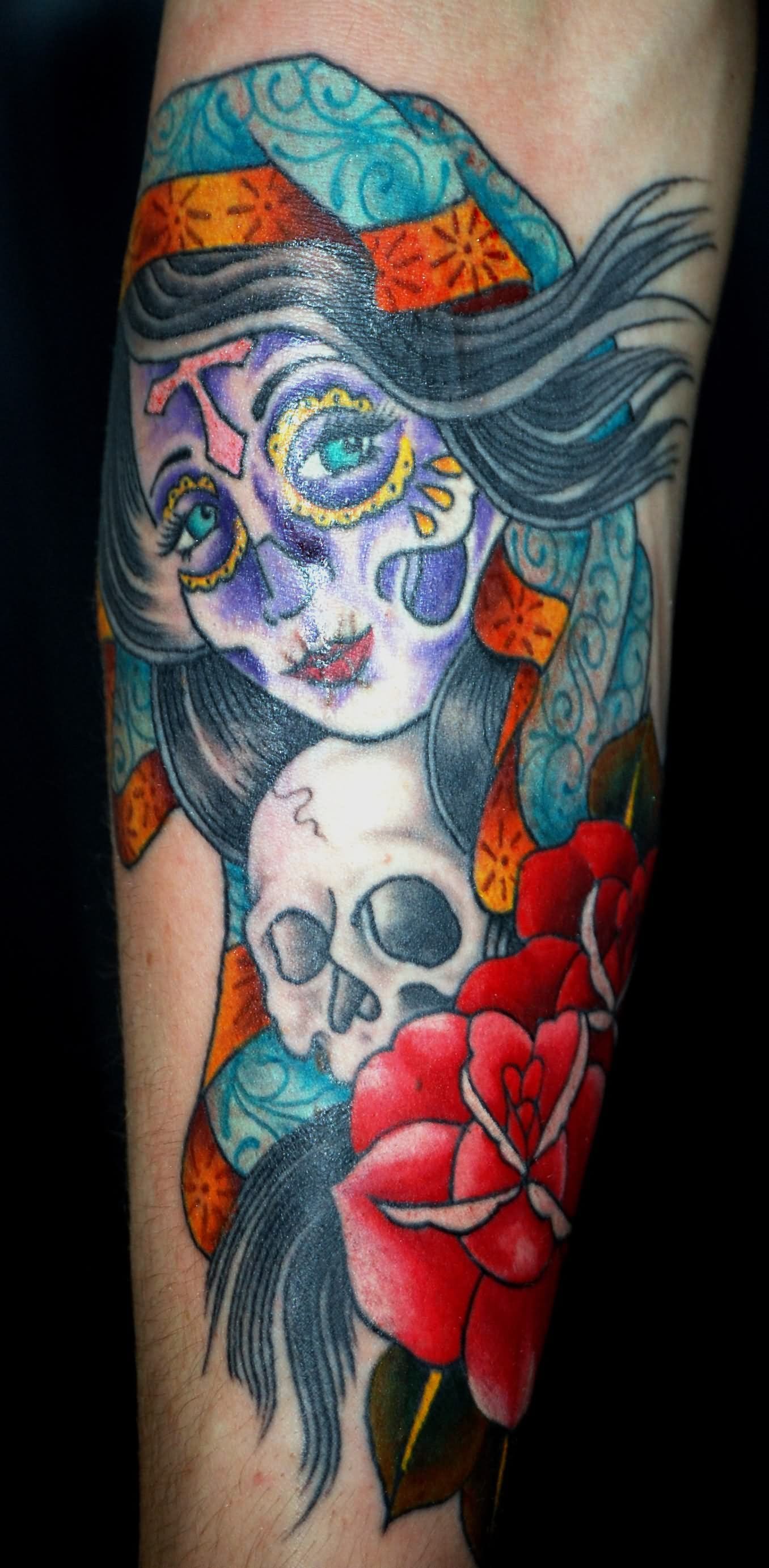 Dia De Los Muertos Pin Up Girl Face With Skull Tattoo Design For Arm