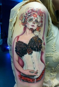 Dia De Los Muertos Pin Up Girl Tattoo On Right Half Sleeve