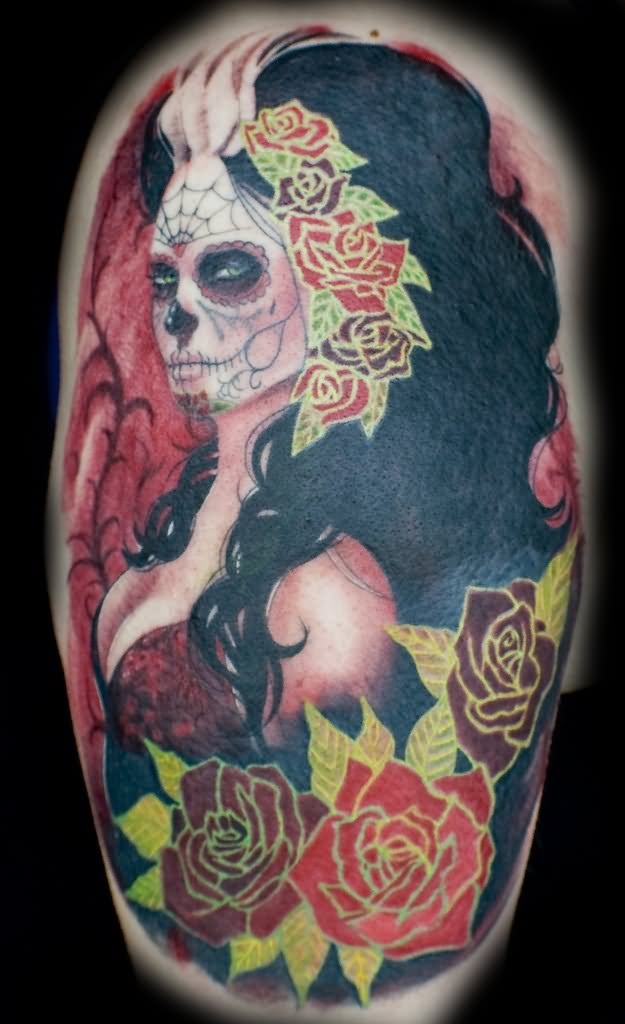 Dia De Los Muertos Pin Up Girl With Roses Tattoo Design