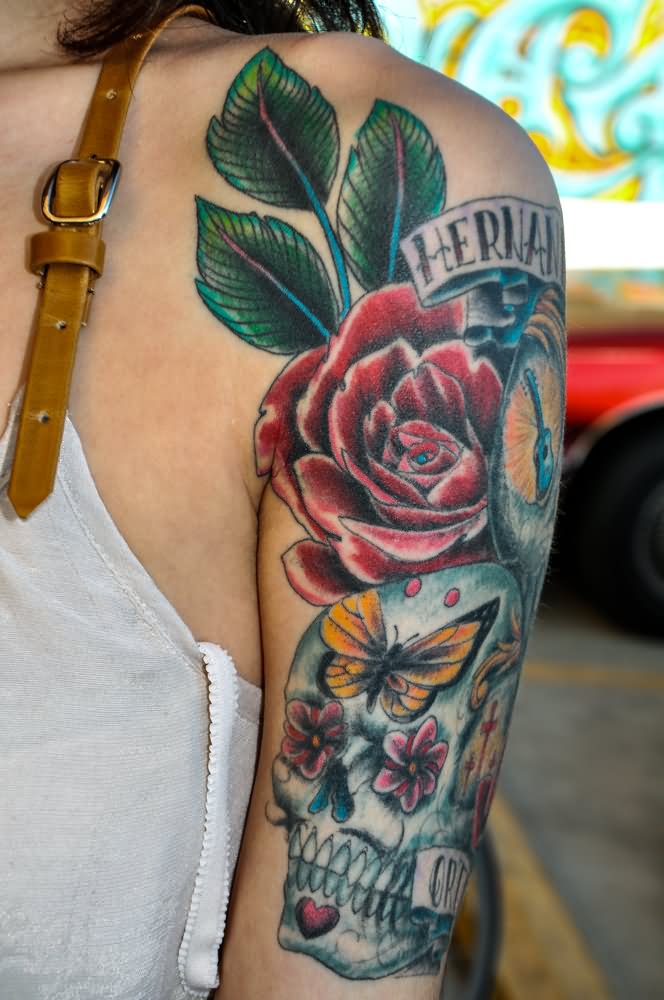 Dia De Los Muertos Pin Up Skull With Roses Tattoo On Half Sleeve