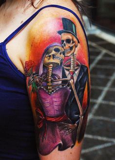 Dia De Los Muertos Skeleton Couple Tattoo On Left Half Sleeve