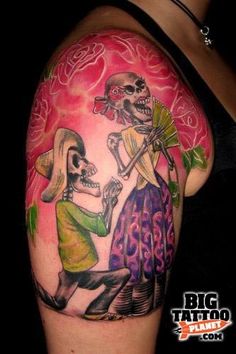 Dia De Los Muertos Skeleton Couple Tattoo On Right Shoulder