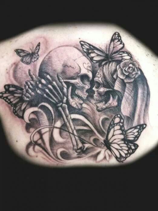 Dia De Los Muertos Skeleton Couple With Butterflies Tattoo Design