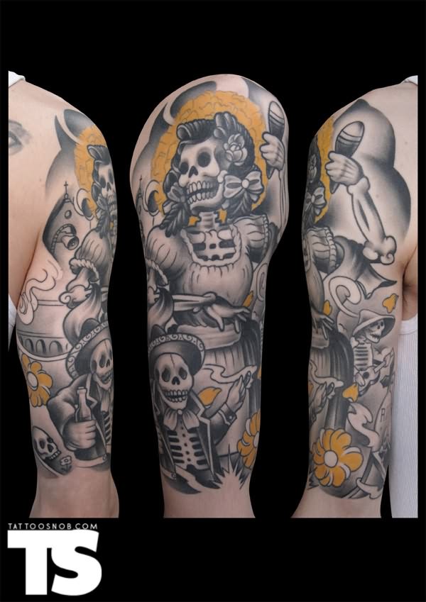 Dia De Los Muertos Skeletons Tattoo On Half Sleeve
