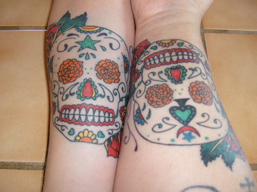 Dia De Los Muertos Skull Tattoo On Couple Forearm