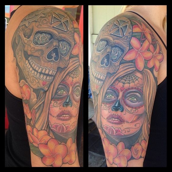 Dia De Los Muertos Skull With Girl Face Tattoo On Half Sleeve