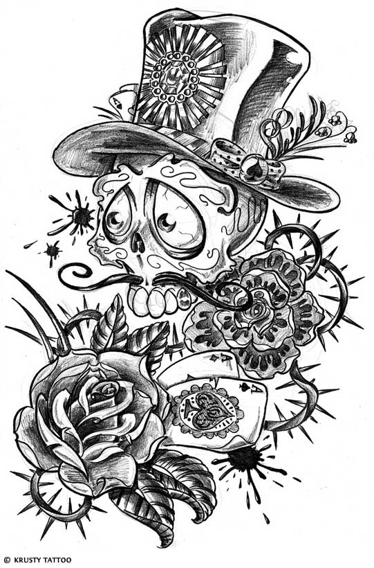 Dia De Los Muertos Skull With Roses Tattoo Design