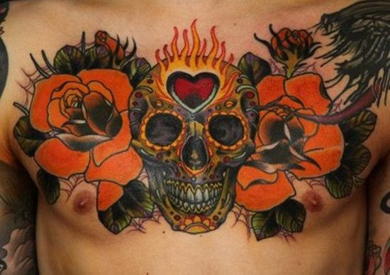 Dia De Los Muertos Skull With Roses Tattoo On Man Chest