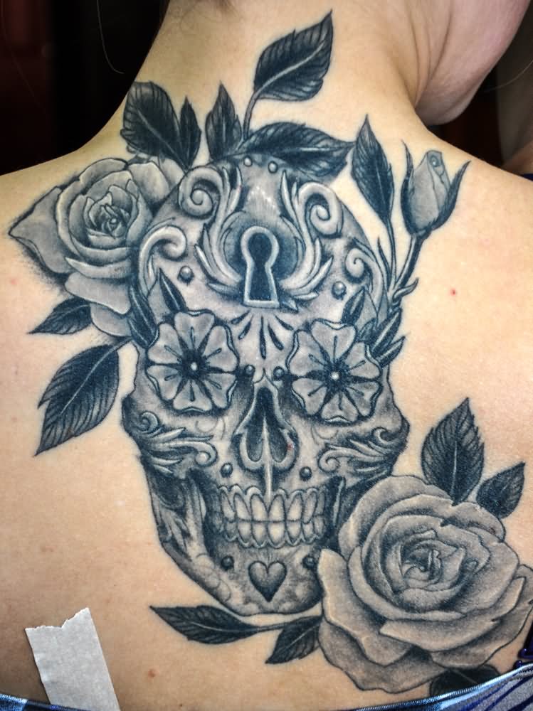 Dia De Los Muertos Skull With Roses Tattoo On Upper Back