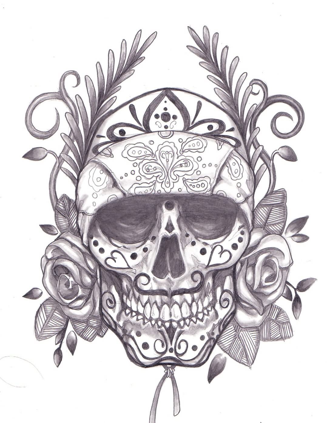 Dia De Los Muertos Skull With Two Roses Tattoo Design