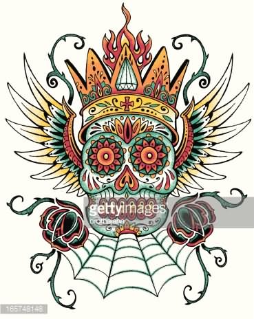 Dia De Los Muertos Skull With Wings And Roses Tattoo Design