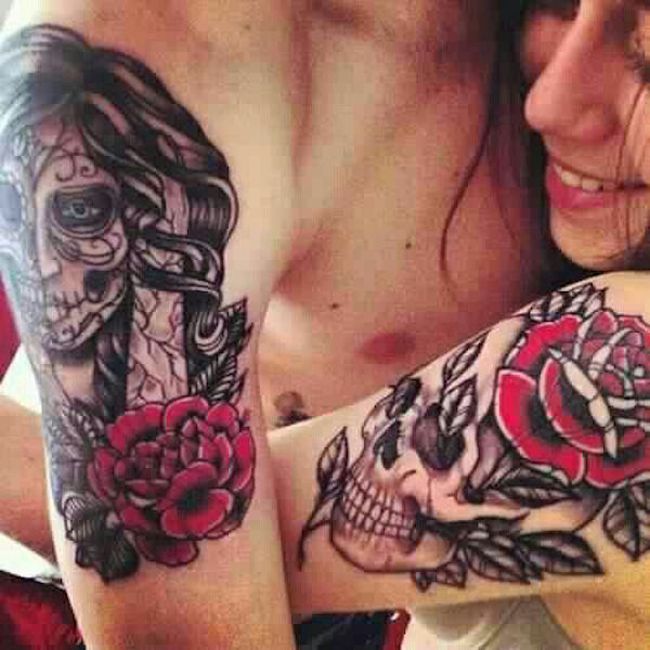 Dia De Los Muertos Tattoo On Couple Shoulder