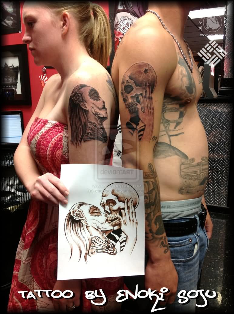 Dia De Los Muertos Tattooo On Couple Shoulder