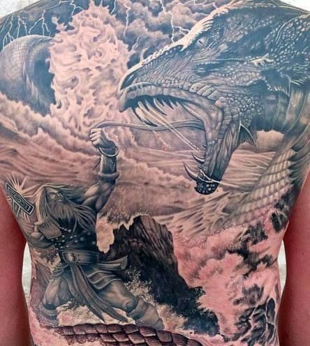 Dinosaur And Viking Fight Tattoo On Full Back