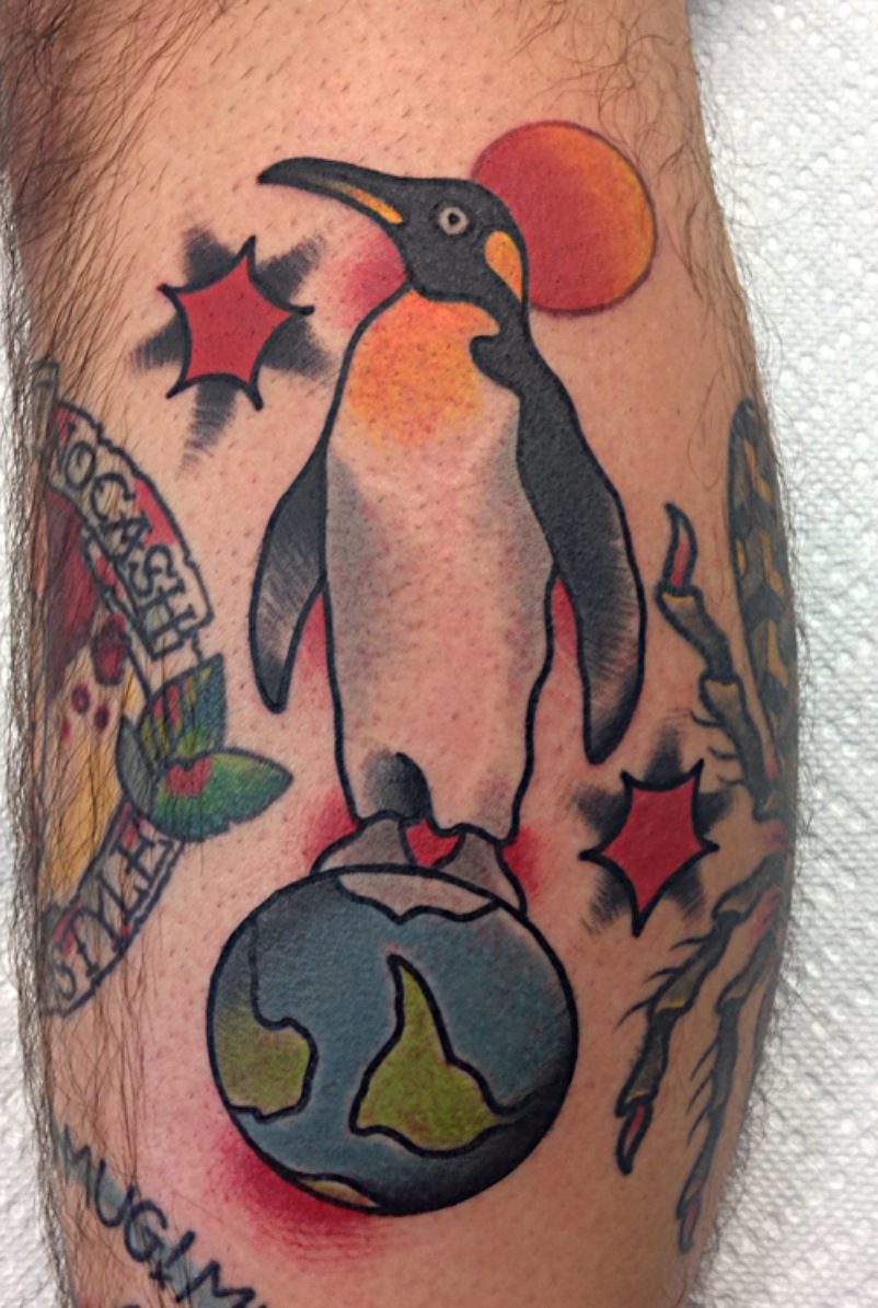 Earth And Penguin Tattoo On Leg Sleeve