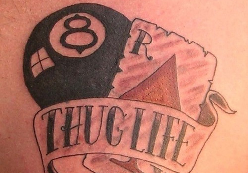 Eight Ball With Playing Card And Thug Life Banner Tattoo Design