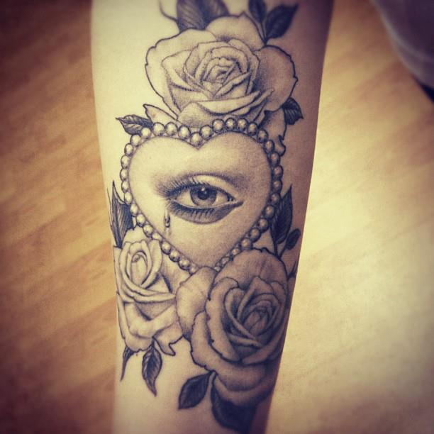 Eye In Heart With Roses Tattoo Design For Half Sleeve