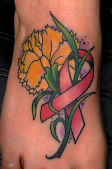 Flower With Cancer Ribbon Tattoo On Foot