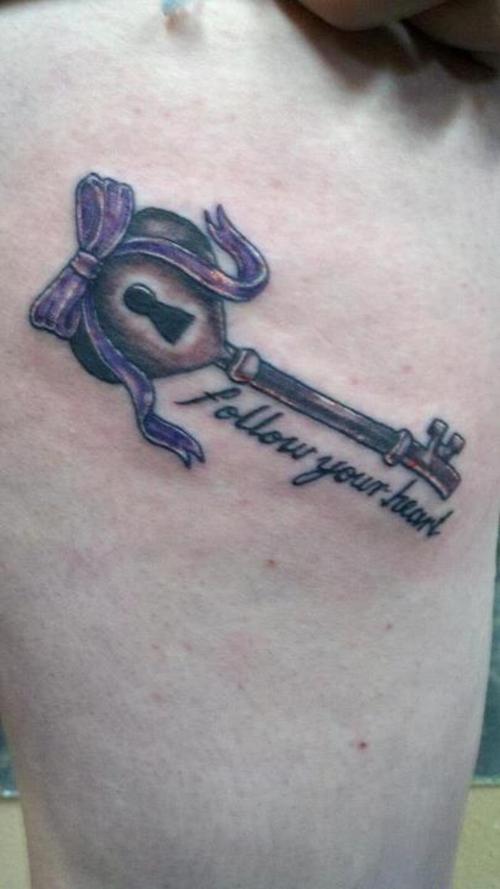 Follow Your Heart - Heart Key With Ribbon Bow Tattoo Design For Thigh