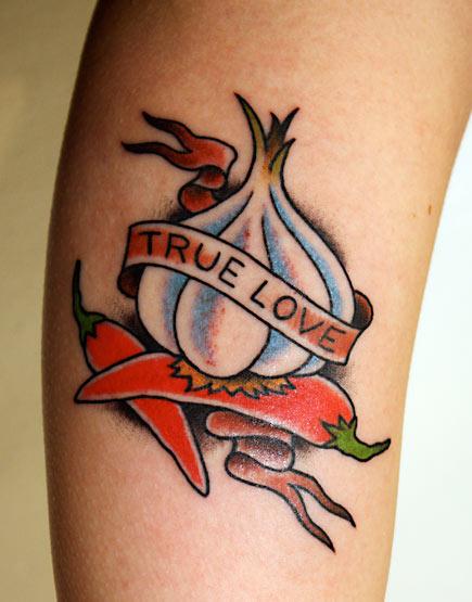 Garlic With Red Chili And True Love Banner Tattoo Design