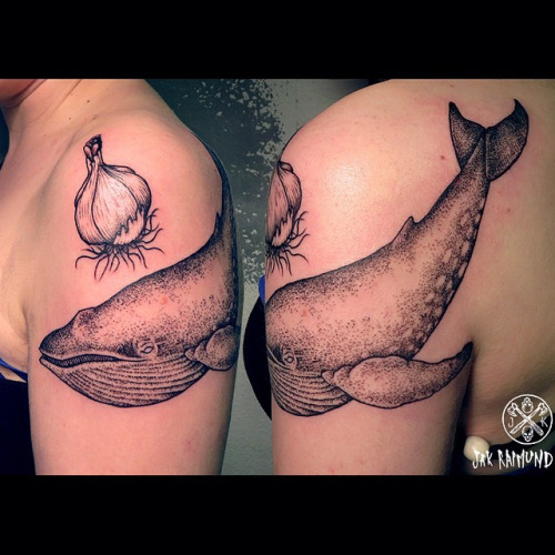 Garlic With Whale Tattoo On Shoulder