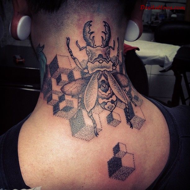 Geometric Insect Tattoo On Back Neck
